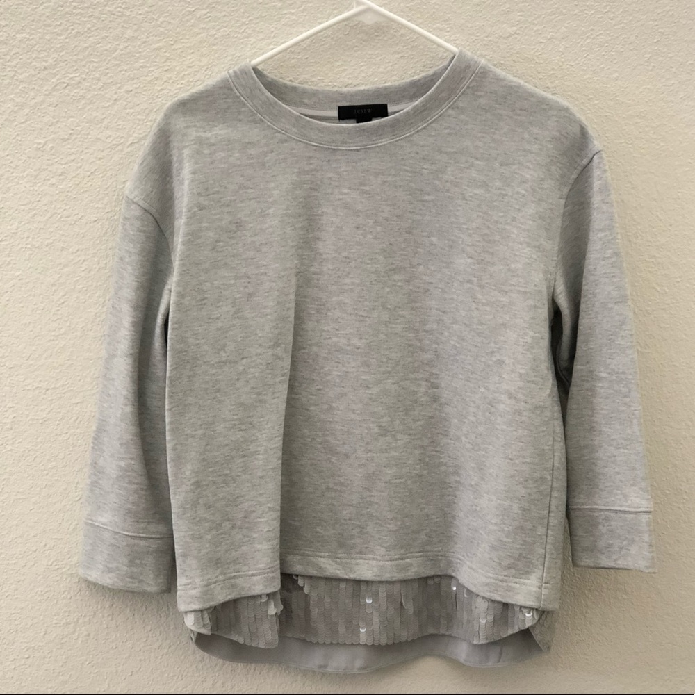 J.Crew Gray Crew Neck Sweater with Sequins Hem